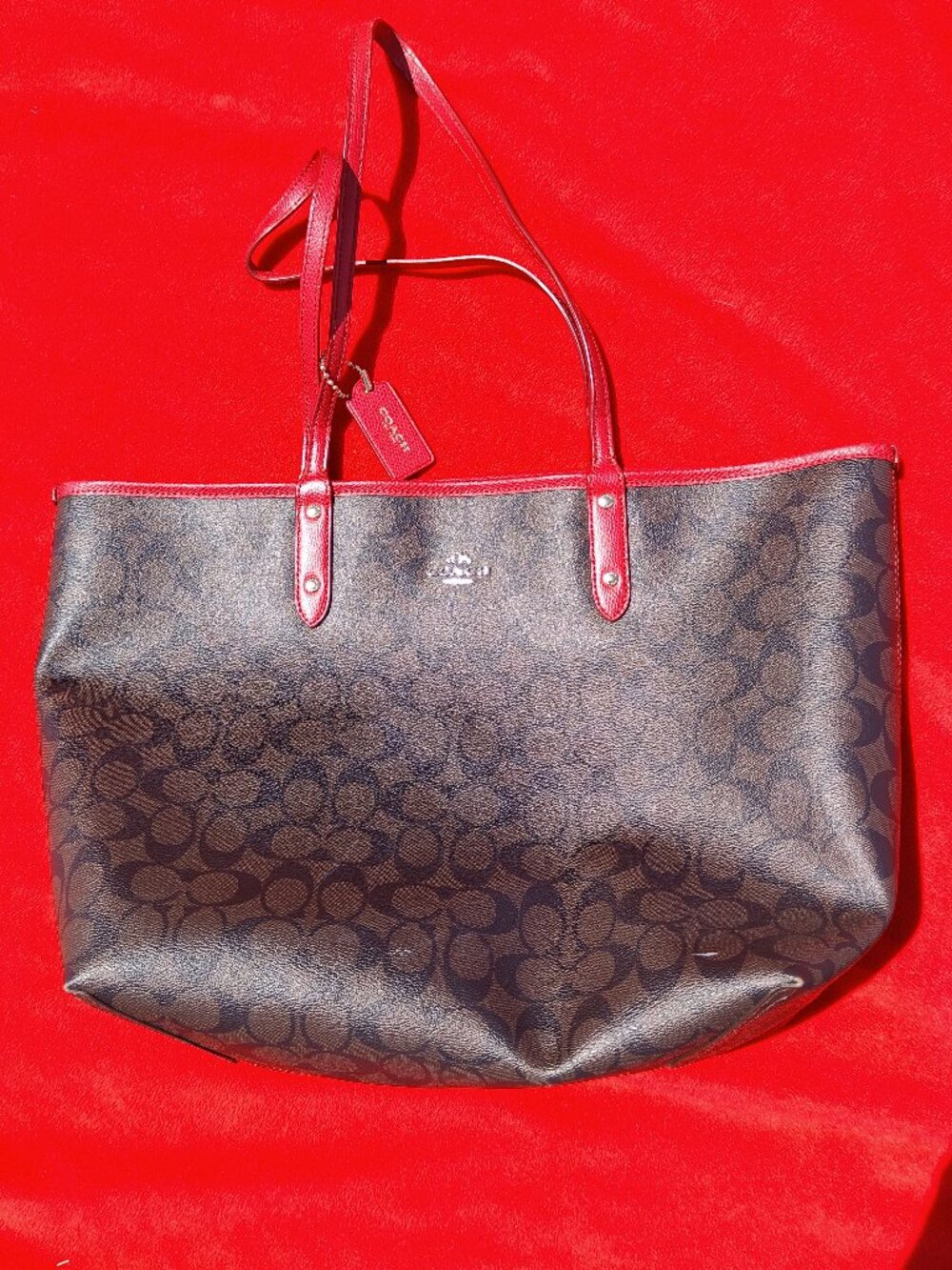Coach Signature City Tote in Brown/Red WITH Matching Pochette